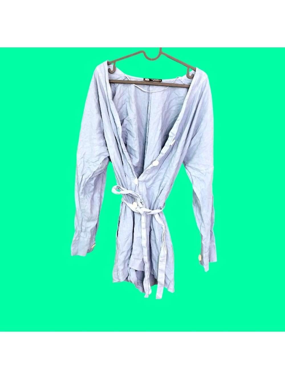 Zara Light Blue Long Sleeve Button-Up Belted Shirt Dress M